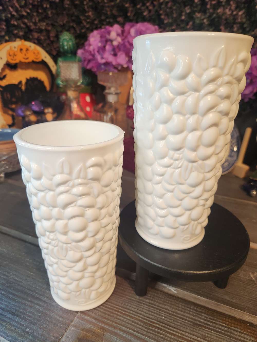 White Textured Ceramic Vase Pair - Floral Bubble Relief
